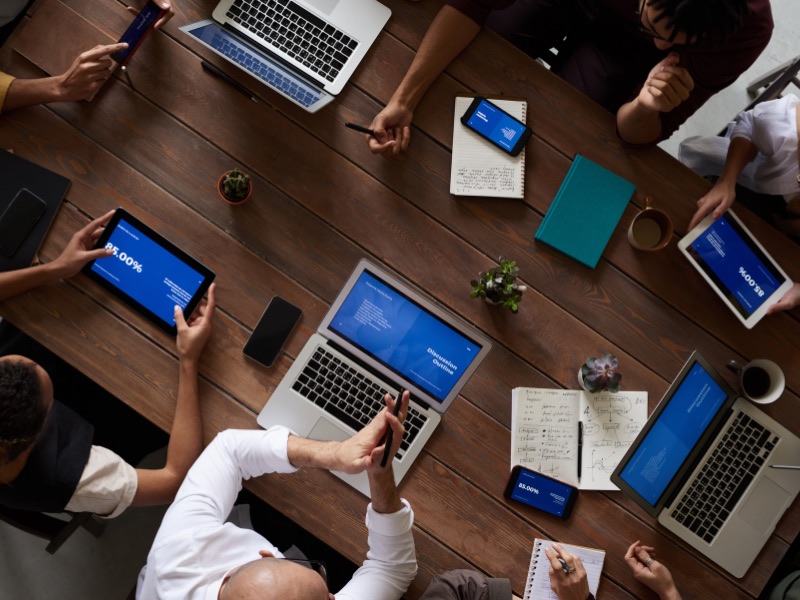 aerial view of an in-person meeting. 
