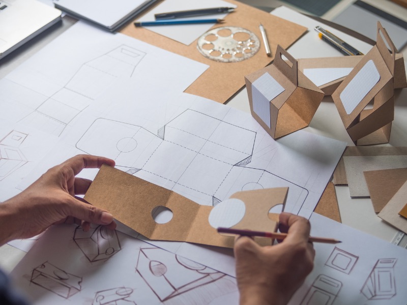 product development sketches and papers and materials scattered on table